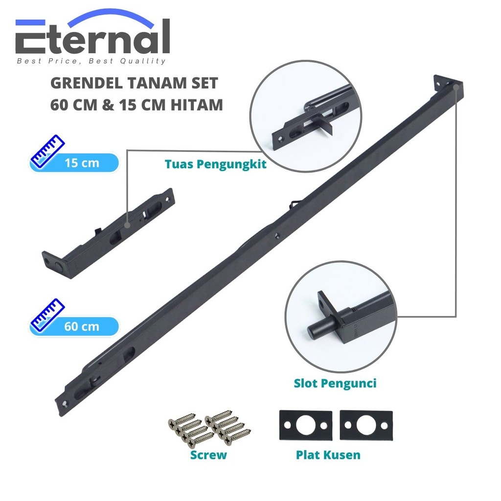 Grendel Tanam Hitam Panjang 60 cm dan 30 cm Slot Pintu Satu Set Stainless Steel