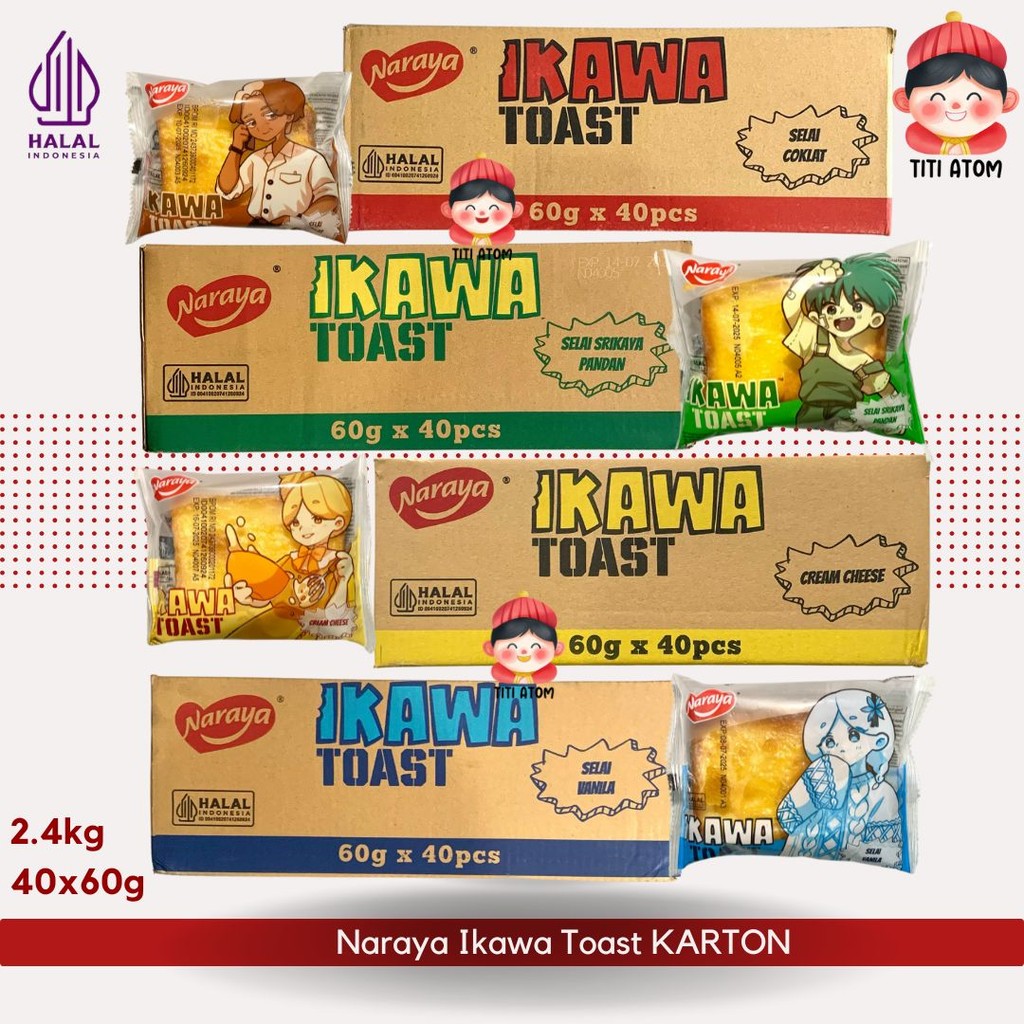 

Naraya Ikawa Toast Roti Murah Isi Selai Kaya Pandan Coklat Keju Vanilla KARTON 40x60g