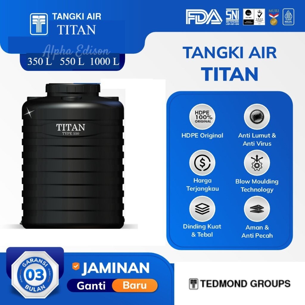 Ready TITAN Tandon Air Tangki Air Toren 350 liter - 550 Liter - 1000 liter HDPE extra Promo