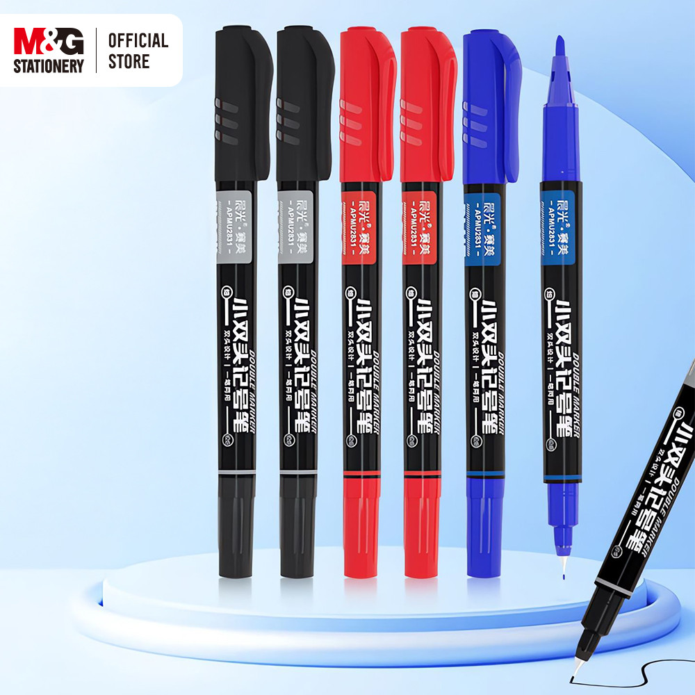 

M&G 12Pcs Double-tip Marker Pen Oil-based Pens for Student Art Hook Pen Marker Pen Black/Red/Blue