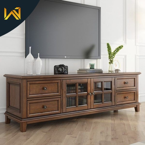 Meja TV Antik Minimialis Modern 4 Laci Warna Natural - Kayu Jati