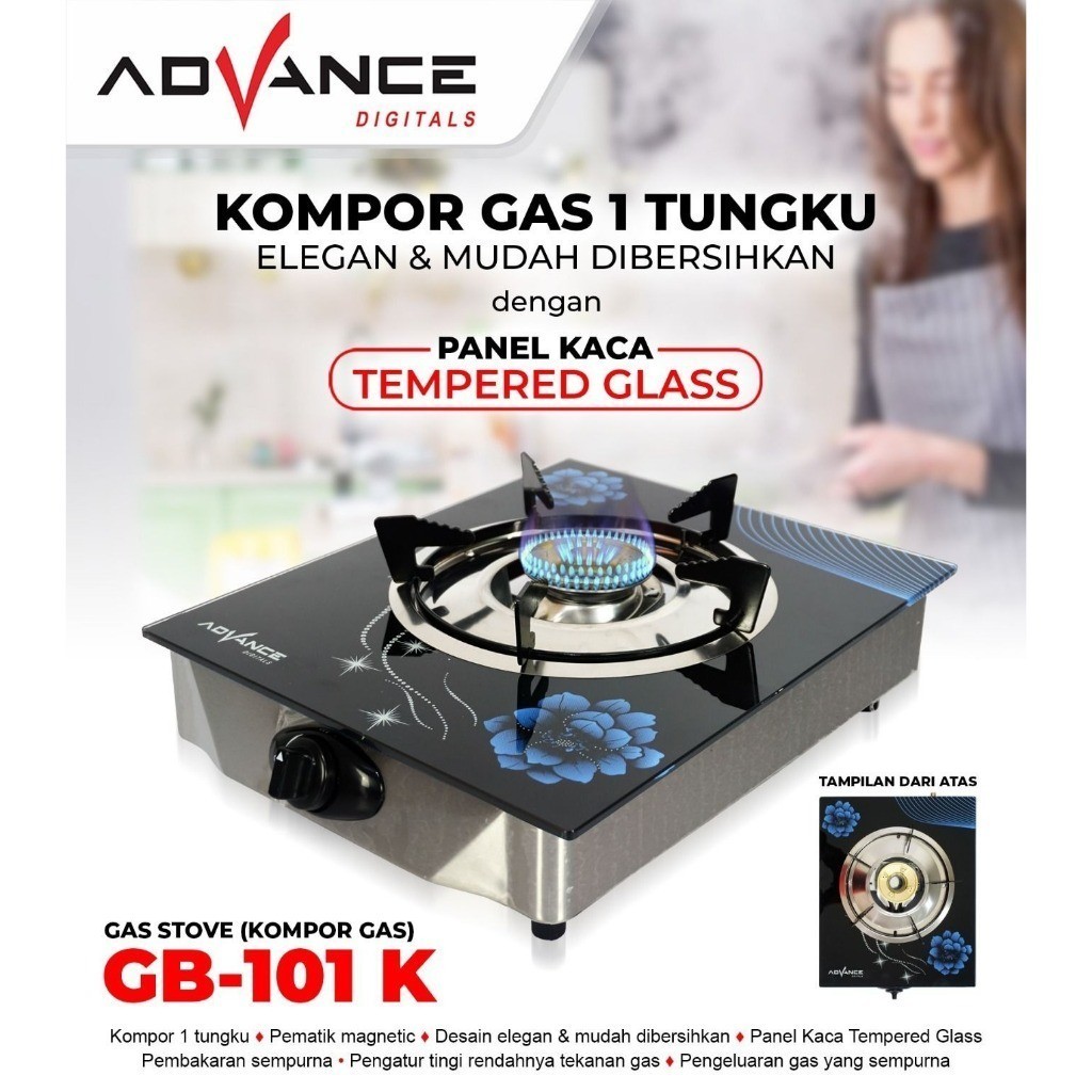 READY  Kompor Gas Kaca 1 Tungku GB100K / ADVANCE GB101K / KOMPOR GAS KACA 1 TUNGKU / KOMPOR
