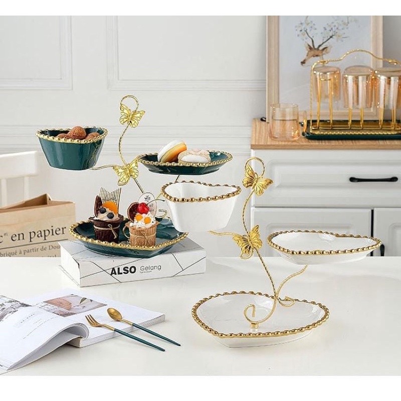 JAKLUIS_SHOP PIRING KUE TINGKAT KERAMIK BENTUK BULAT DAN lOVE ATAU SQUARE LIST GOLD ELEGANT/ WADAH B