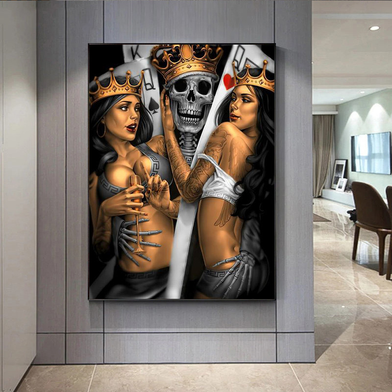 

Playing Cards King Queen Canvas Prints Skull Kiss Beautiful Woman Poster Prints Couple Love Wall Art Pictures for Home Decor