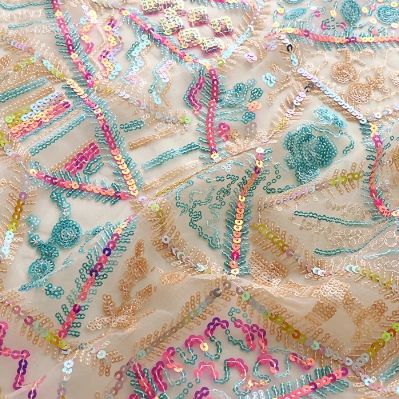 

Soft Yarn Colorful Sequins Geometric Embroidery Mesh Lace Fabric For Dress Clothing Cheongsam Designer Fabric