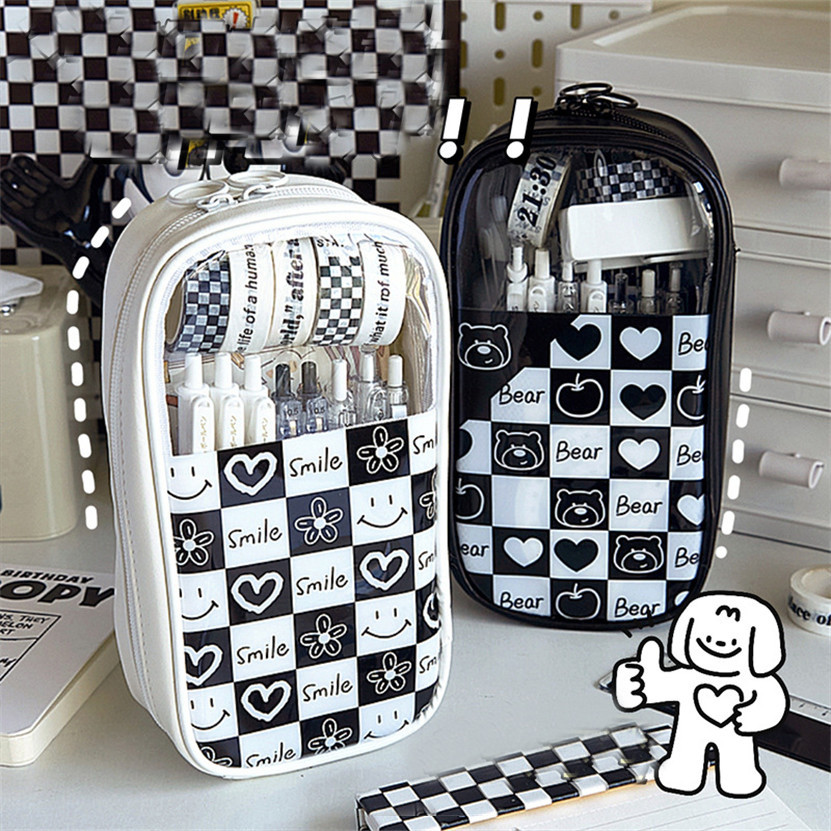 

Pencil Case Transparent Lapicera Estuche Escolar Chessboard Grid Pencils Box Cases Kawaii Back To School Girls Cute Bags Piórnik