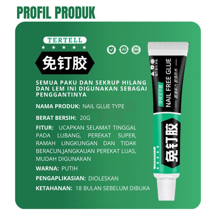 

[BEC] Lem Pengganti Paku Tembok No More Nail SuperKuat Original Tertell Nail Free Glue Perekat Dinding Super Kuat 20 Gram - Merek Tertell