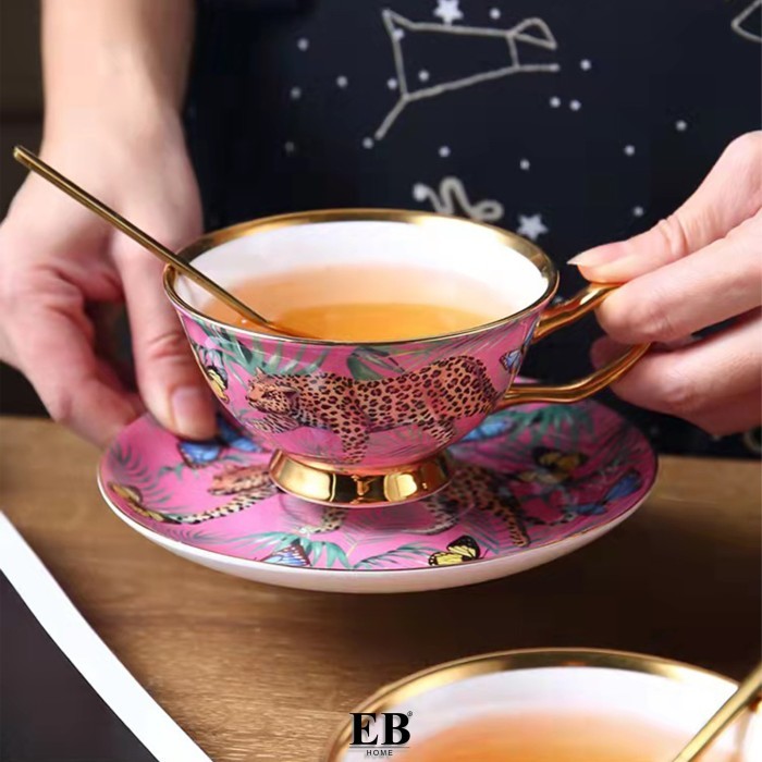 Pink Leopard Cup and Saucer Set in Gift Box Cangkir Macan Cantik Mewah