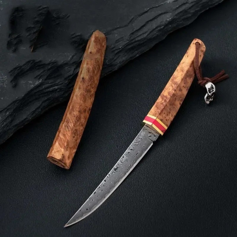 1PC Damascus portable pocket knife, fruit knife for outdoor camping, wooden handle, cutting knife, b