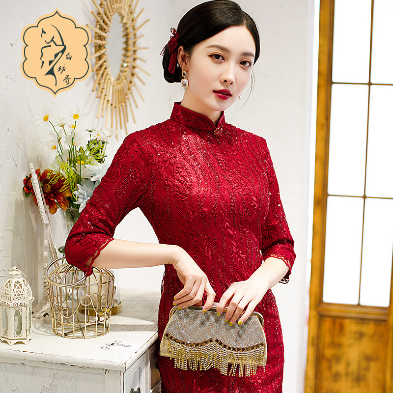 Drees Cheongsam Merah Renda Imlek Hanfu Wanita Mewah Hanfu