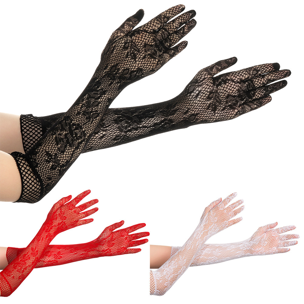 Ladies Sexy Transparent Mesh Floral Elastic Bride Long-sleeve Lace Gloves Gothic Punk Mittens Cospla