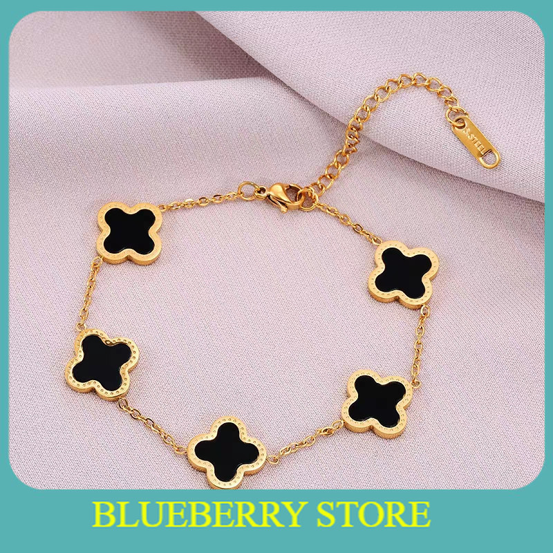 GELANG TITANIUM KOREA GELANG CLOVER HITAM  PUTIH LAPIS EMAS Perhiasan Wanita