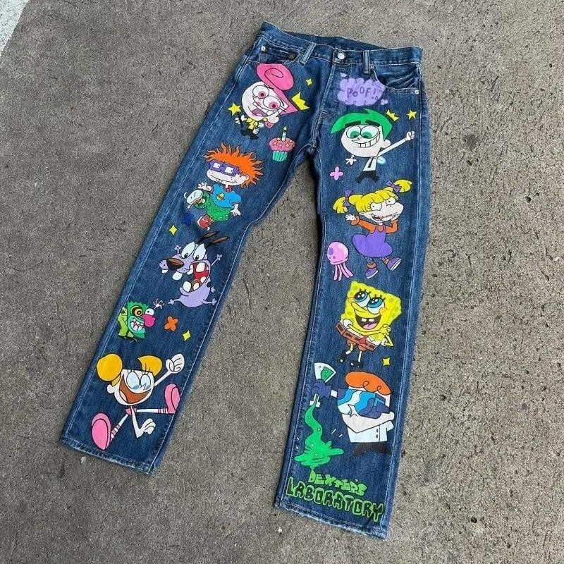 Cartoon graffiti comic print jeans 2024 new hip-hop trend American retro Harajuku style versatile lo