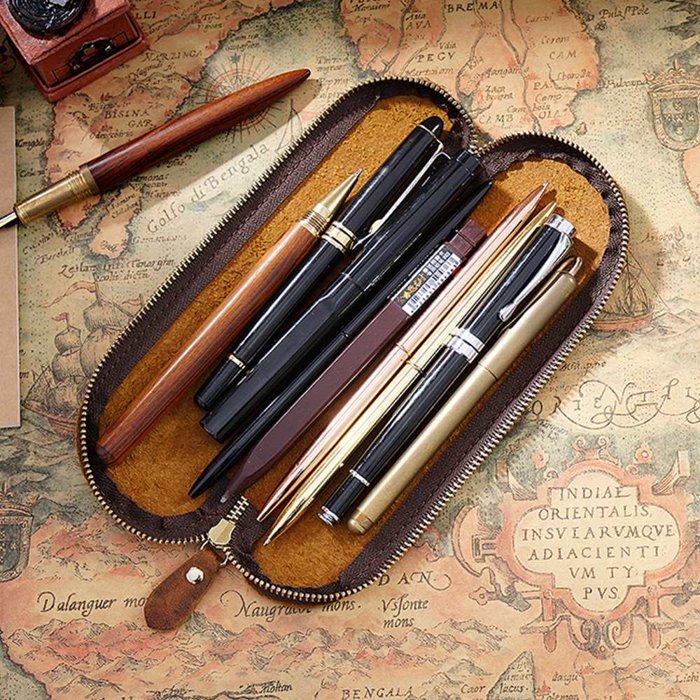

Creative Genuine Leather Zipper Pen Pencil Bag S model Vintage Retro Style Creative School Stationary Accessorie