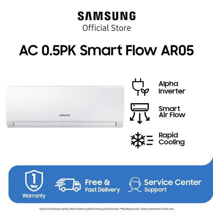 Samsung AC Alpha Inverter Air Conditioner 1/2 PK dengan Smart Air Flow - AR05AYHLAWKNSE - White