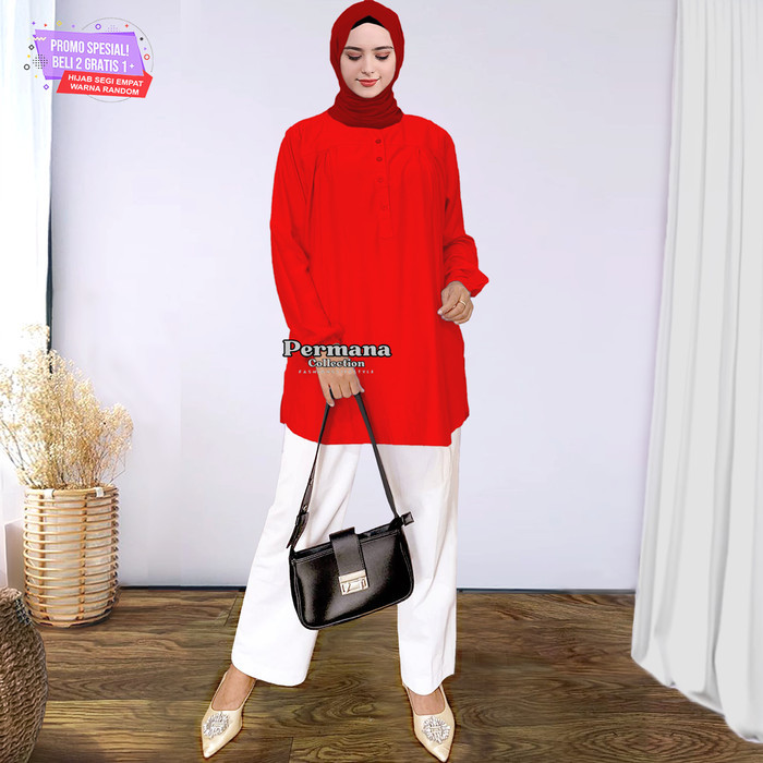 Baju Atasan Wanita, Blouse & Kemeja Lengan Panjang Terbaru-Merah Jumbo - Merah, M