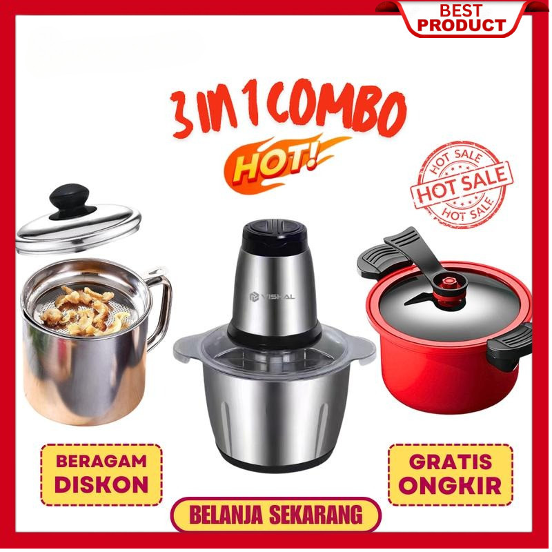 Combo spesial 3 in 1  Blender Daging Penggiling Chopper Stainless + Oil Pot Wadah Penyaring Minyak G