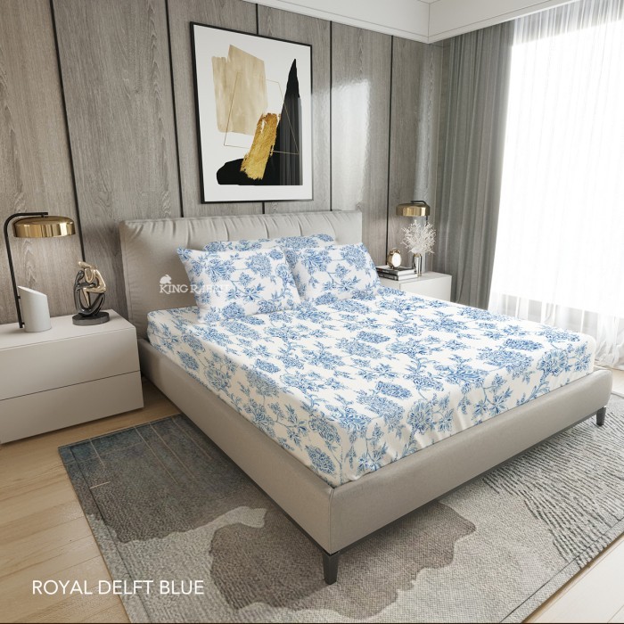 King Rabbit Organic Bamboo Collagen Complete Set  Sprei & Bedcover Motif  Royal Delft Blue - 180x200