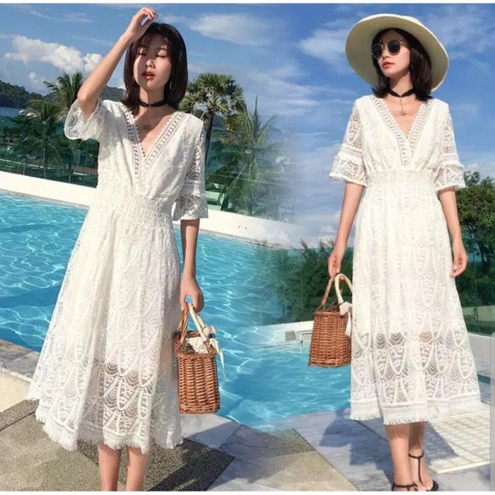 White Dress Wanita Import Beachwear Summer Dress Boho Bohemian Dress - S