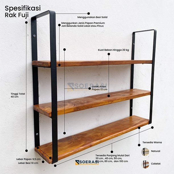 

Terlaris FUJI rak dinding 3 ambalan kayu dan besi buku make up hiasan dekorasi - Cokelat, 30CmPromo