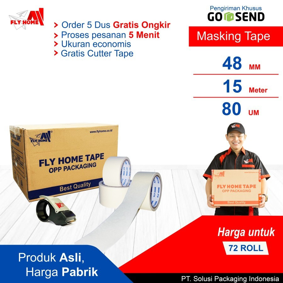 

FLYHOME Lakban kertas 48mm x 15meter 1 dus 72 roll masking tape ukuran Full Instan