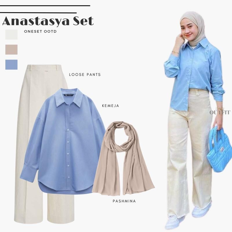 Outfit Wanita Kekinian ( Kemeja + Celana Kulot + Pashmina ) One set OOTD Hangout - Anastasya