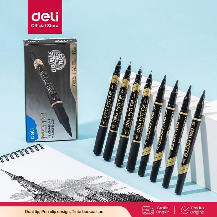 

br e Deli Spidol Permanen Dual Tip 0.5mm / 1.0mm Tidak Beracun EU104X0 - Hitam, 1 pcs