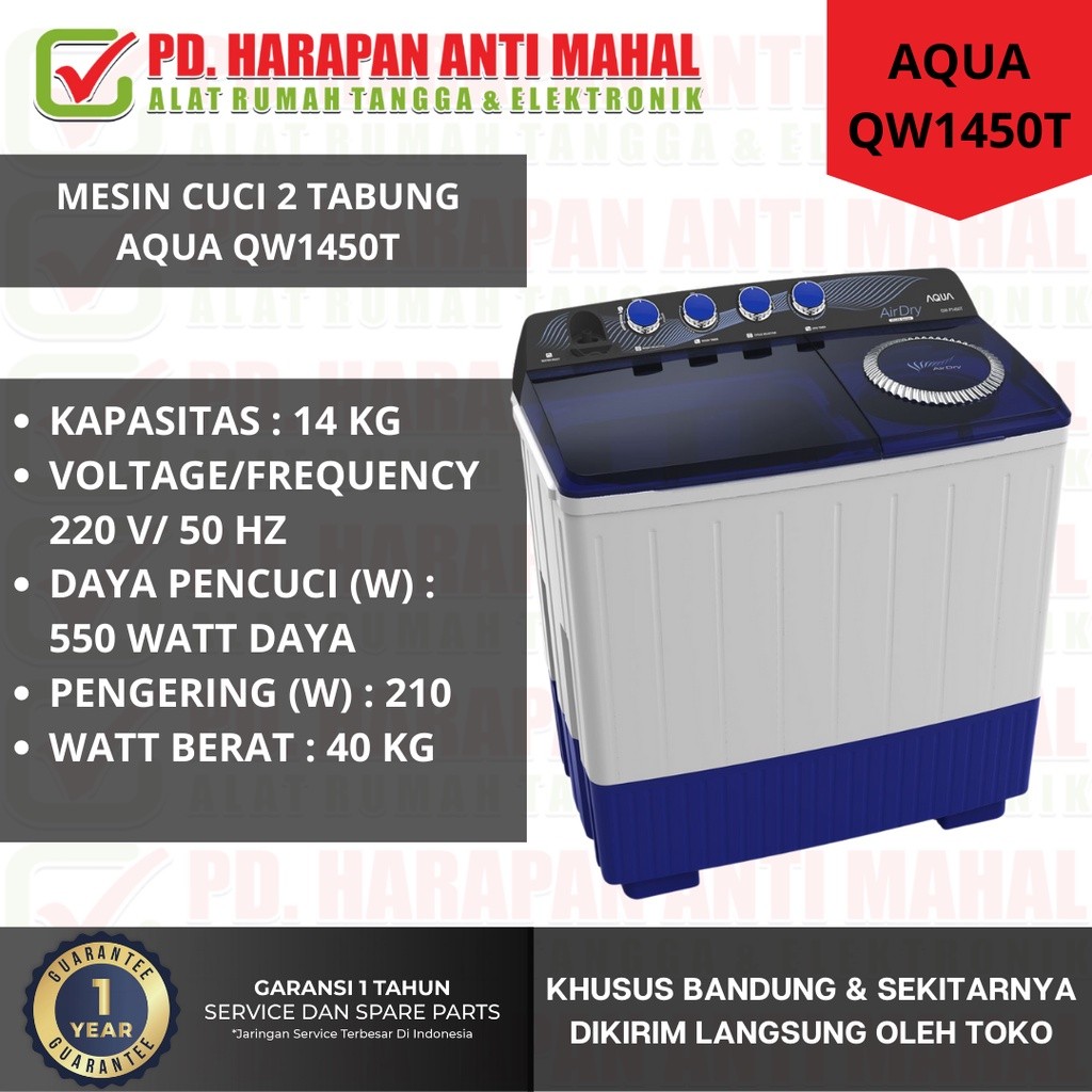 MESIN CUCI DUA TABUNG AQUA QW1450T/ MESIN CUCI 2 TABUNG AQUA QW1450T/ MESIN CUCI 14 KG AQUA QW1450T/