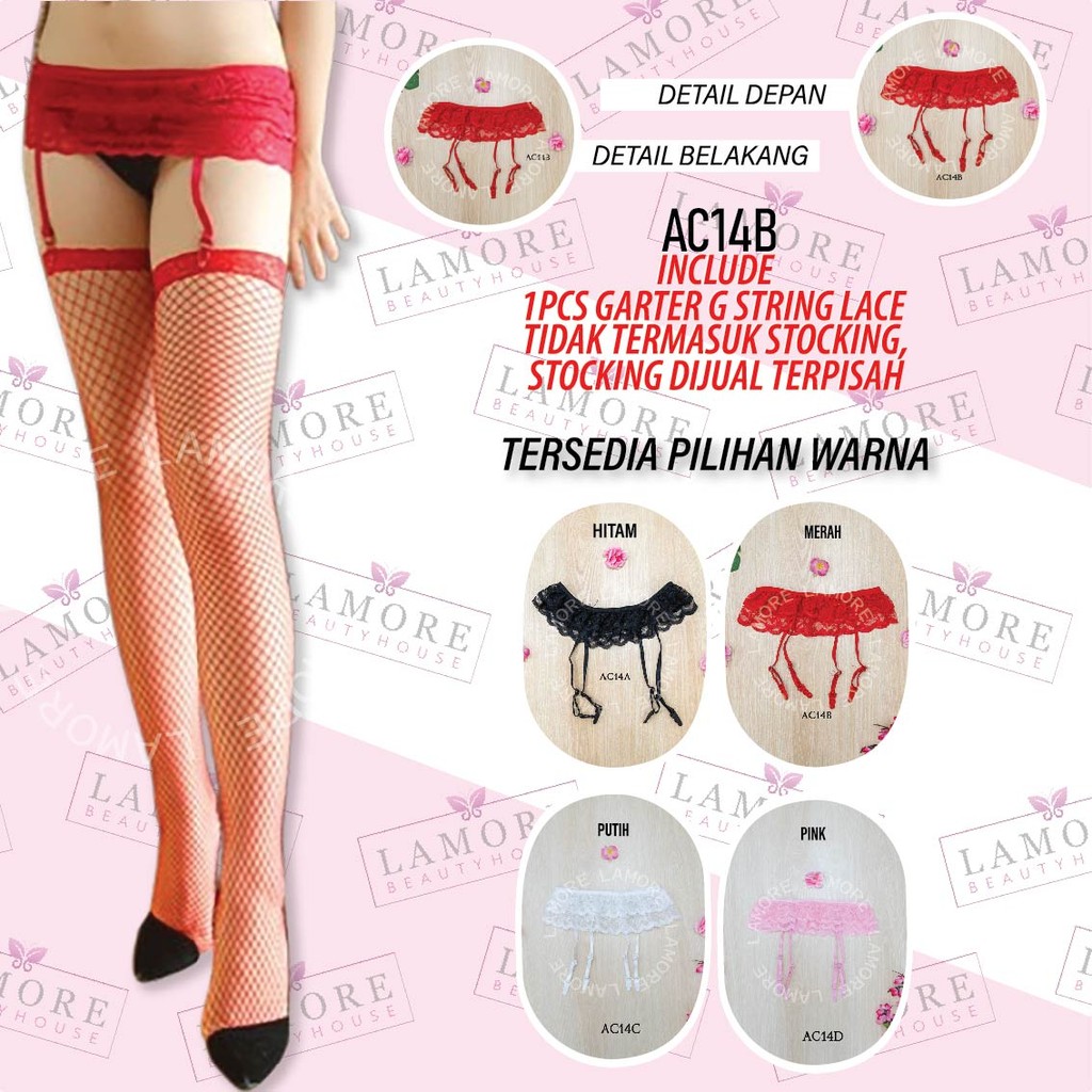 Stocking Lingerie Garter Belt Wanita Jaring Merah Ac14B