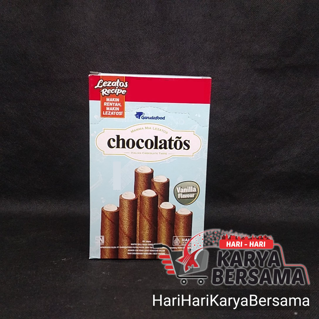 

MAKANAN RINGAN GARUDA FOOD CHOCOLATOS WAFER ROLL RASA COKELAT VANILA 24'S X 12GR