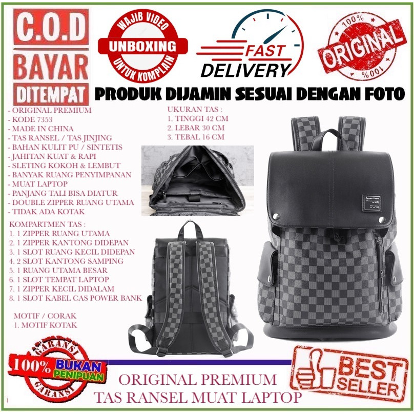 TAS RANSEL / TAS JINJING SEKOLAH KERJA PREMIUM 7353 MUAT LAPTOP UKURAN BESAR