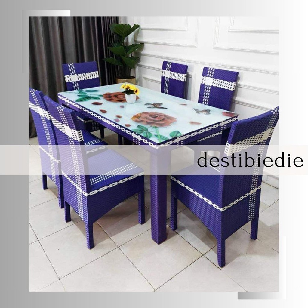 MEJA MAKAN 6 KURSI ROTAN SINTETIS SET JOK BANTAL DUDUKAN / DINNING SET RUANG MAKAN KELUARGA DESAIN M