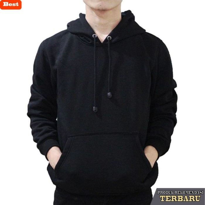 hoodie pria keren Jaket Polos Pria Cowok Hoodie Jumper Sweater Hitam Pekat Keren Gaul - Hitam, L
