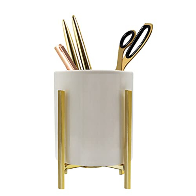 

Gold Pencil Cup Sturdy Pencil Holder Metal Frame with White Ceramic Desk Organizer Kitchen Appliance Holders Office Accessories