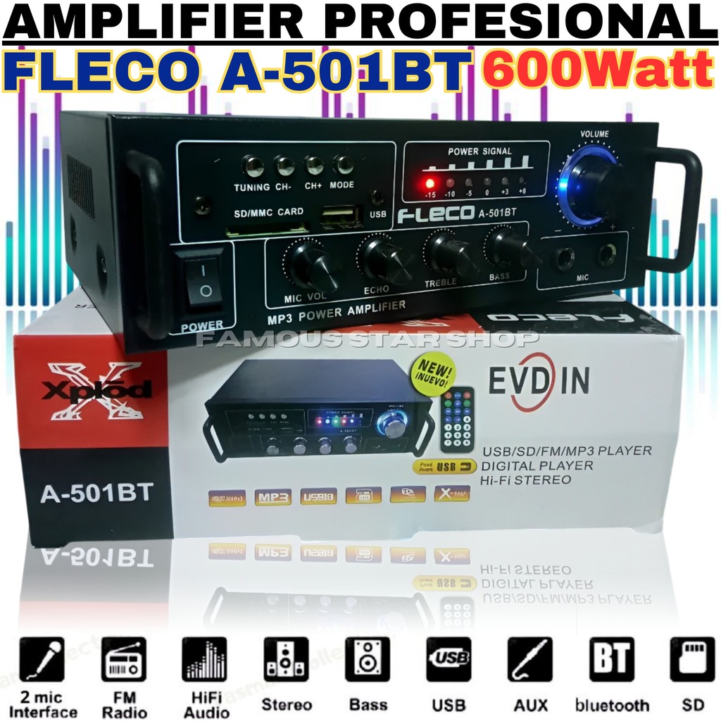 DUO  MIC Power Amplifier FLECO A-501BT | Amplifier Bluetooth MINI Fleco Audio Power A 501 BT 600W | 