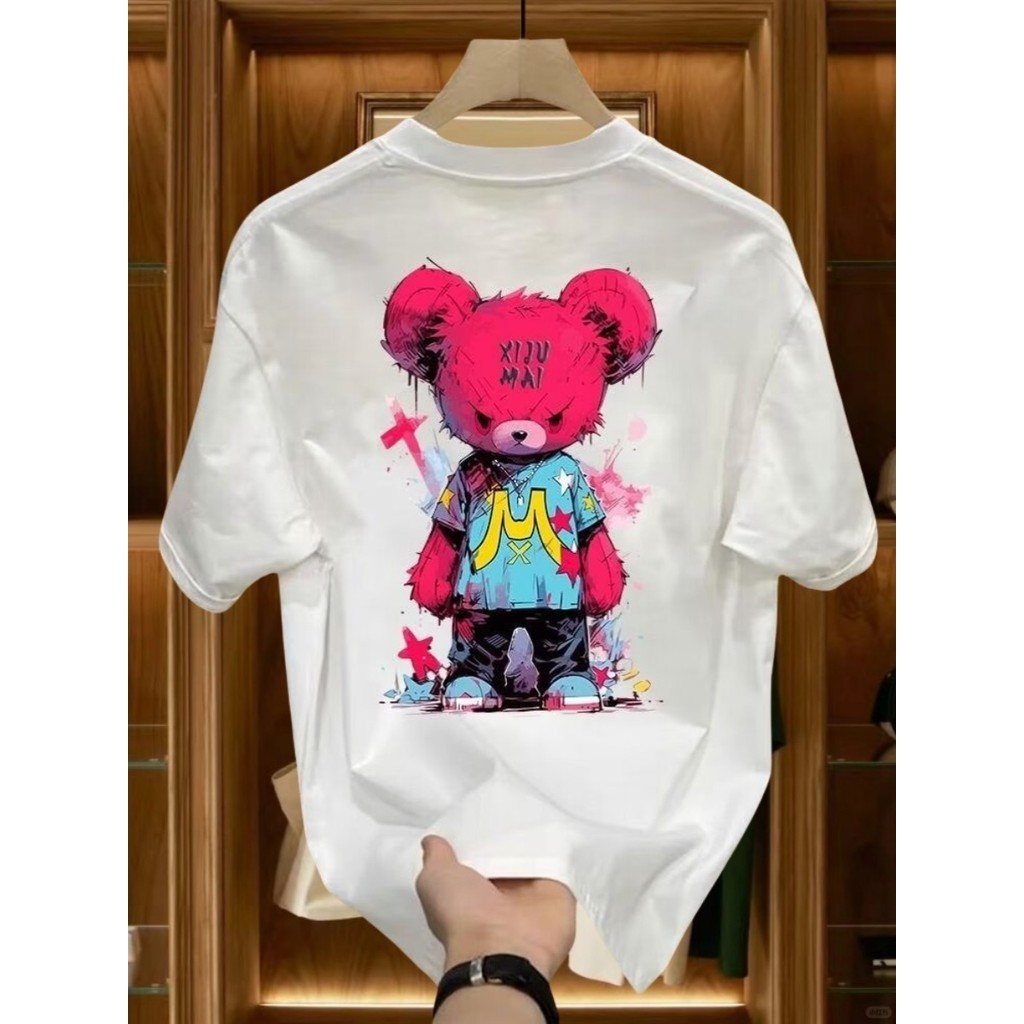 [Katun Murni]Beruang Pasang Amerika, Dengan Motif Palsu, Mengenakan Lengan Pendek Katun, Blus Pria D