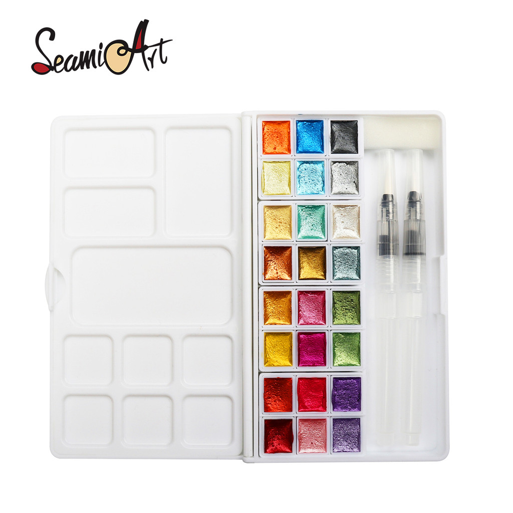 

SeamiArt 24Color Glitter Metallic Watercolor Paint Gift Box Set Artist Watercolor Pearl Pigment for Drawing Supplies