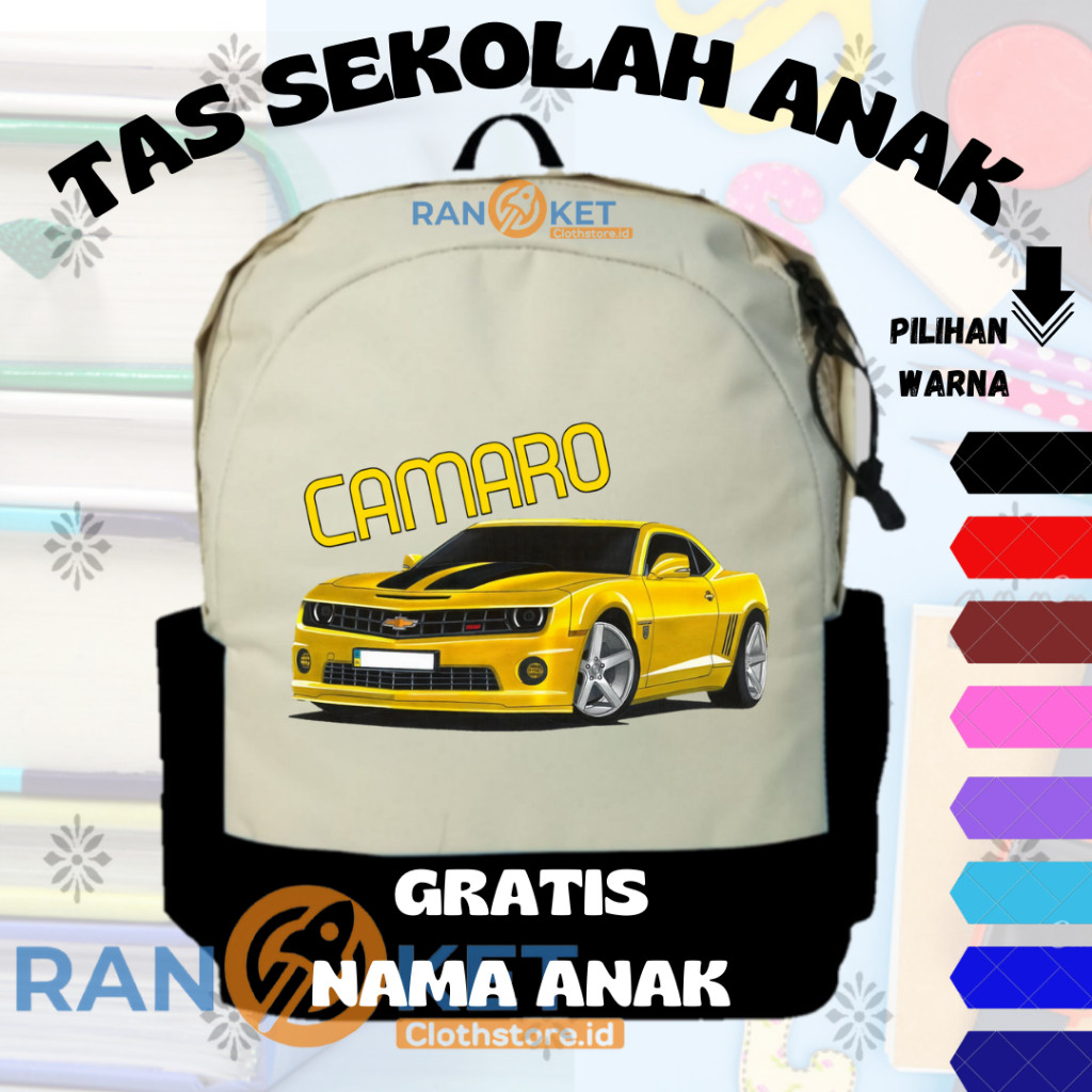 Tas Anak Mobil Balap Camaro I Tas Sekolah Anak Mobil Balap Camaro {FREE CETAK NAMA} COD