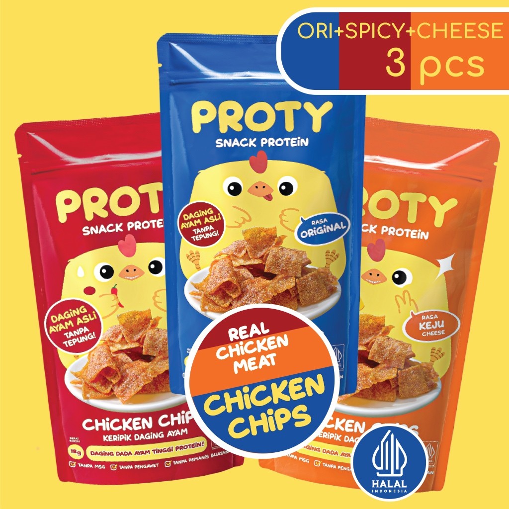 

Proty Snack Protein Chicken Chips Ori(1 Pcs)+Pedas(1 Pcs)+Keju(1 Pcs) Cemilan Gluten Free