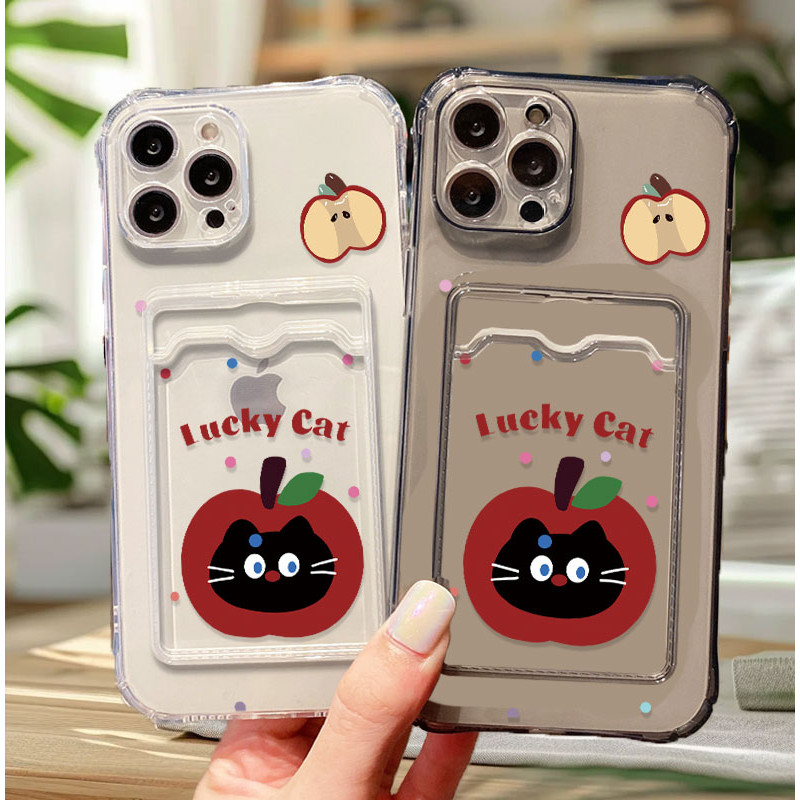 Casing The Lucky Cat Hidden In Red Apple Phone Case Anti-Dust Clear Shockproof Card Holder Cover for
