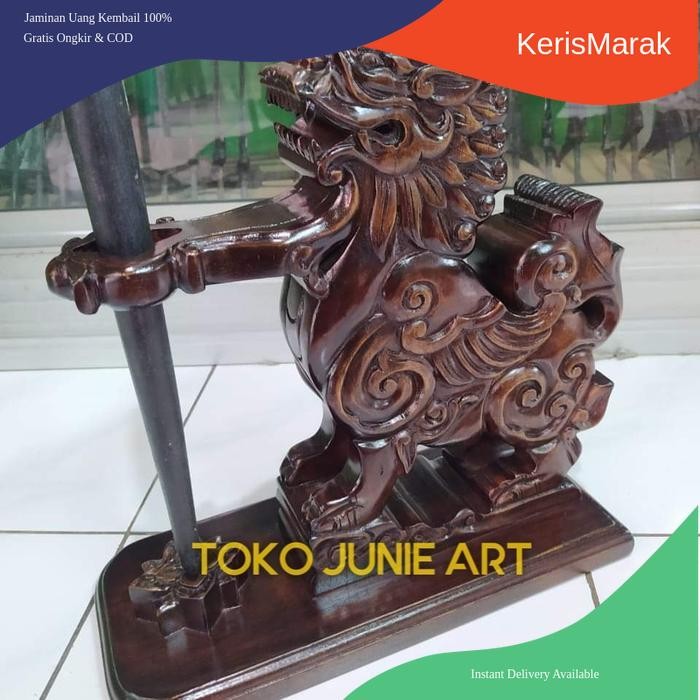 Jagrak Keris Dudukan Tempat Keris isi 1 Ukiran Singa Barong Finishing Plitur antik KHS7