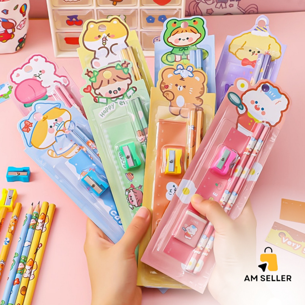 

Stationery Set 5 in 1 Alat Tulis Anak Sekolah Penghapus penggaris Pensil Serutan Karakter Lucu