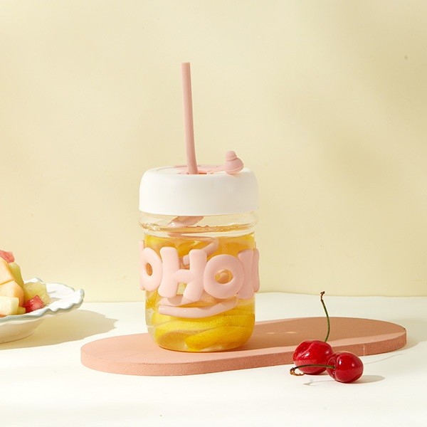 BONBOX Pink Botol Air Kaca Pyrex 400ml Tumbler Pyrex Glass Botol Air Sedotan