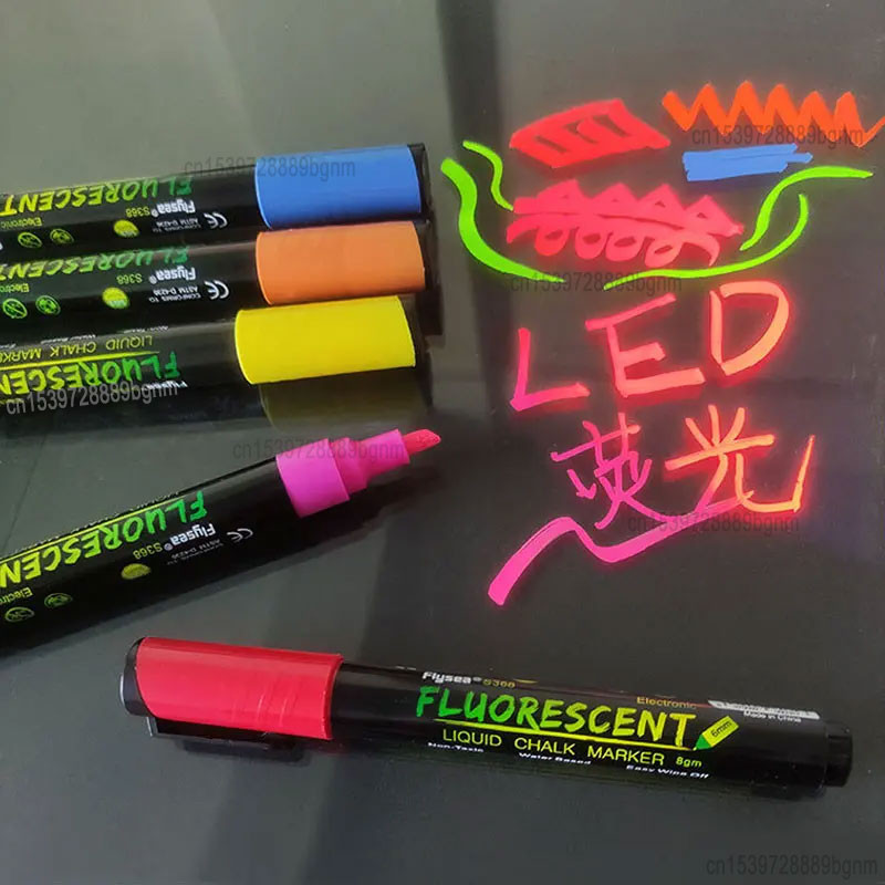 

Erasable Fluorescent Liquid Chalk Marker Pen 6mm Oblique Tip Art Graffiti For Glossy Surface LED Light Board Glass Blackboard