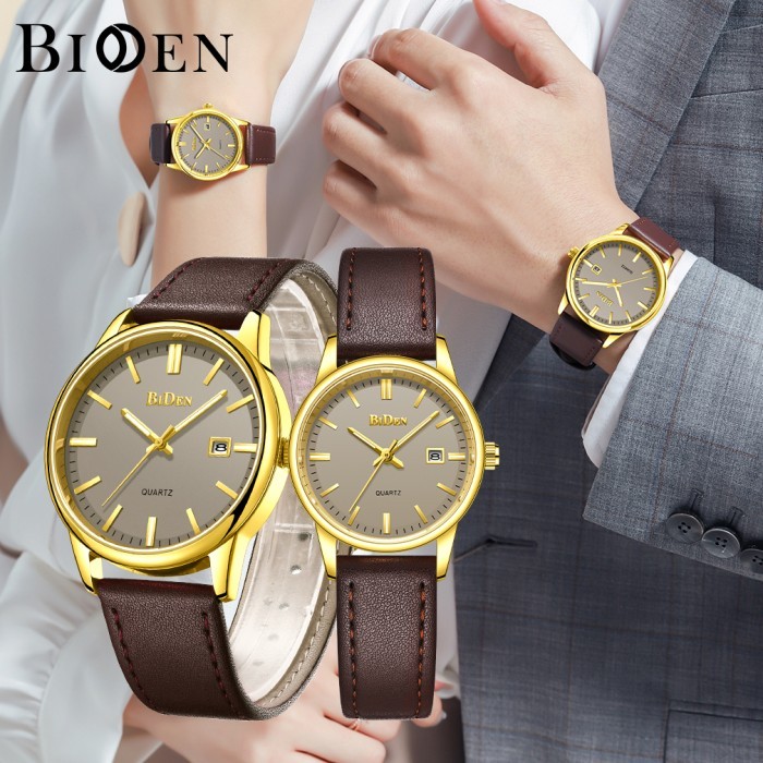 BIDEN Jam Tangan Couple Pasangan Tahan Air Hitam / Perak Kalender Jam - brown-men