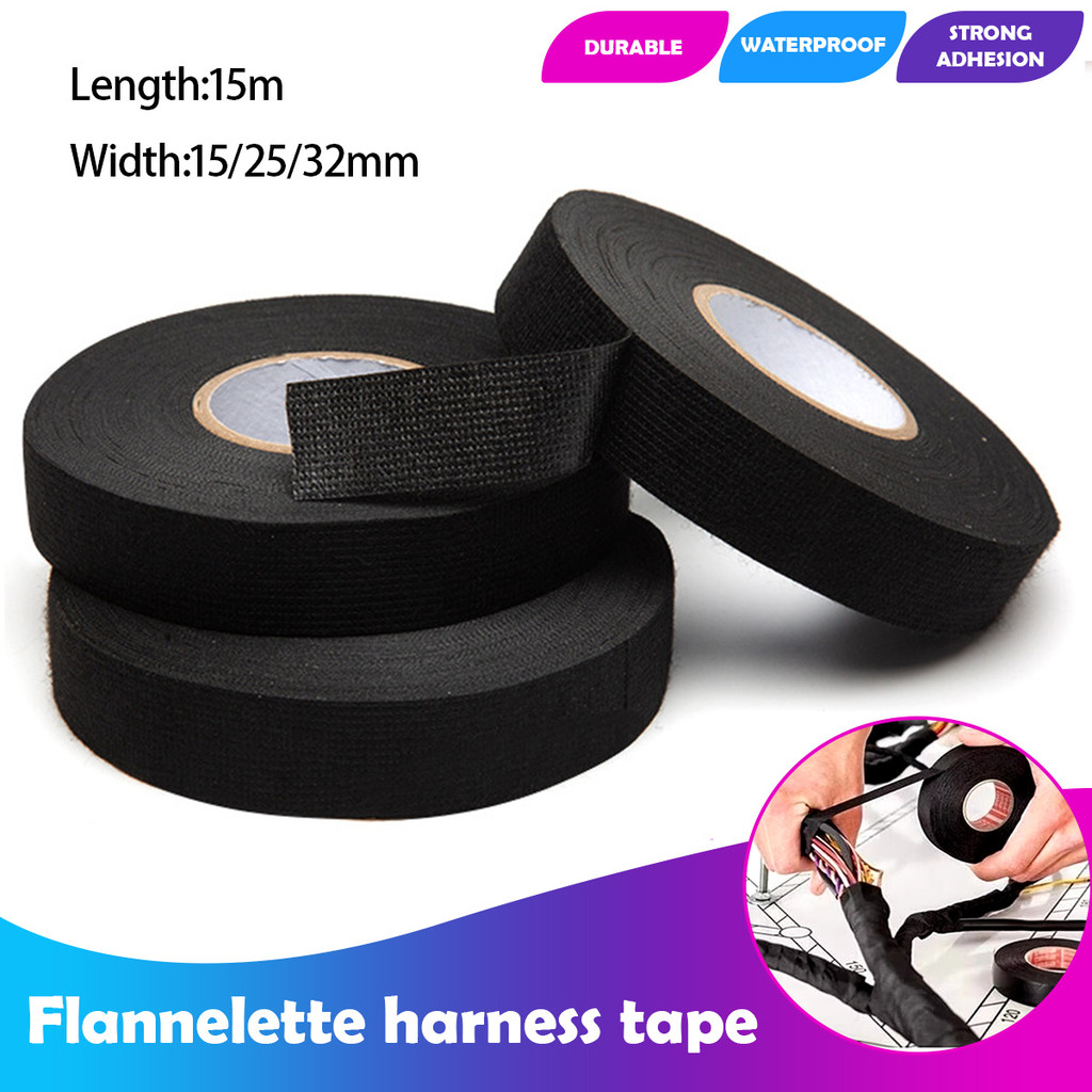 15 Meter Pita Kabel Tahan Panas Lakban Kain Pembungkus Pita Kain Perekat Kabel Harness untuk Pelindu