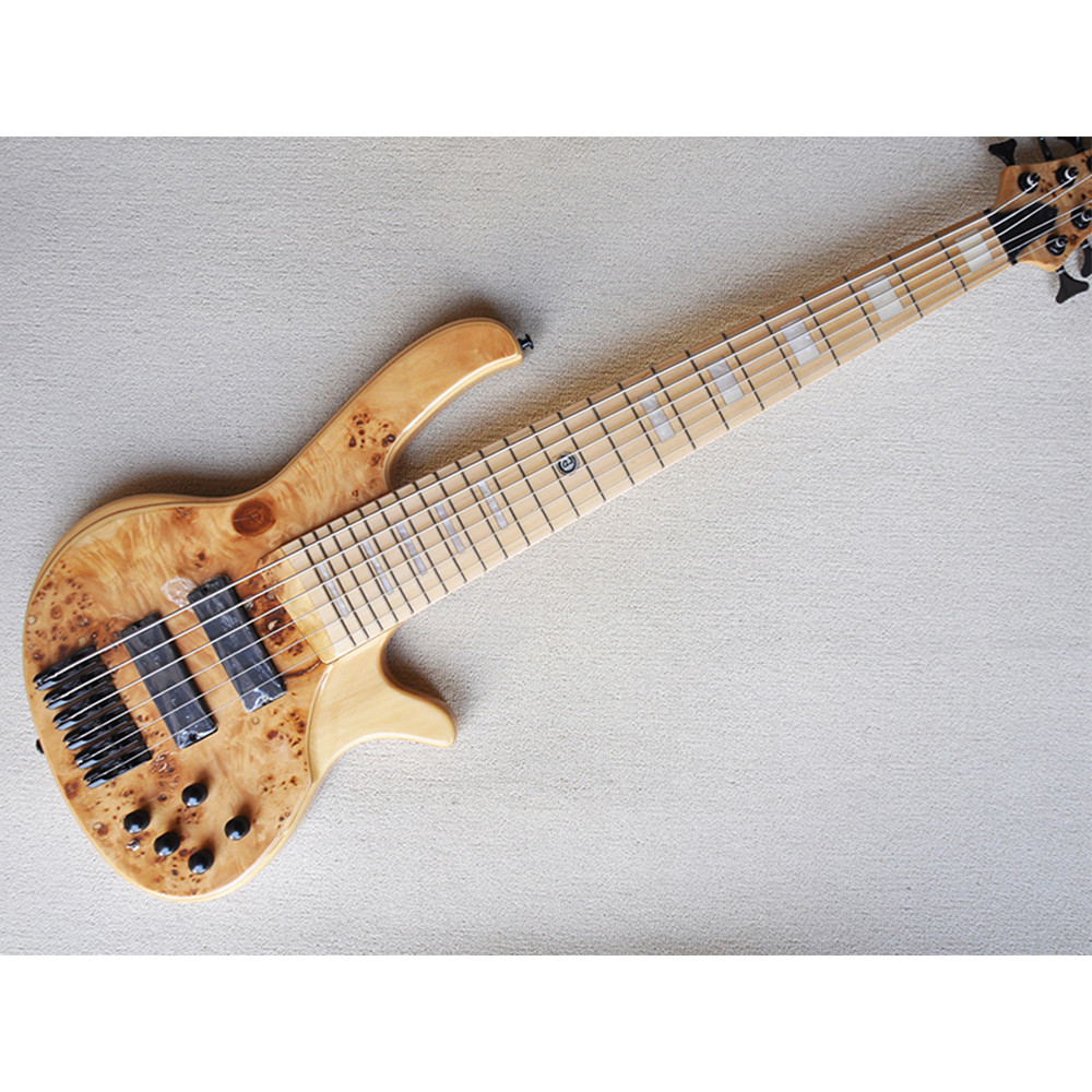 6 Strings Electric Bass Guitar with Burl Maple Veneer,Active Circuit,Maple Fretboard