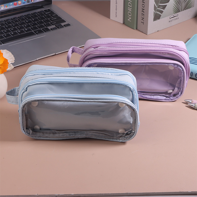 

3Layers Large Capacity Pencil Bag Stationery Aesthetic Transparent Grid Pen Case Girl Zipper Pencil Pouch School Supplies