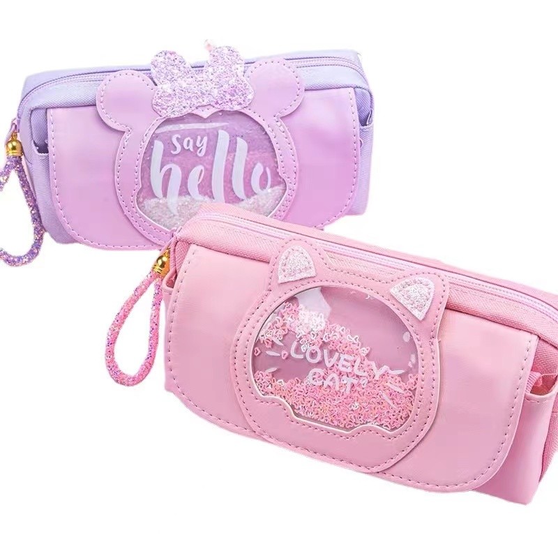 

Quicksand cat pencil case cute pencil bag Three layers Big pen case girls kawaii Stationery bag cartoon animals pen bag student