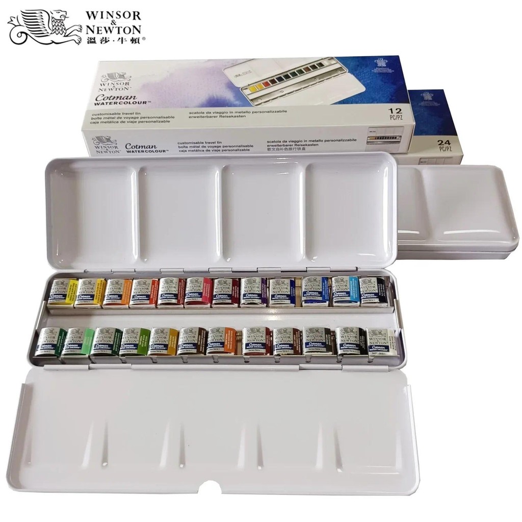 

Wor&Newton Cotman Portable Solid Watercolor Paint 24 Half Pans Colors Metal Color Pattle Set Professional Artist Paint Brush